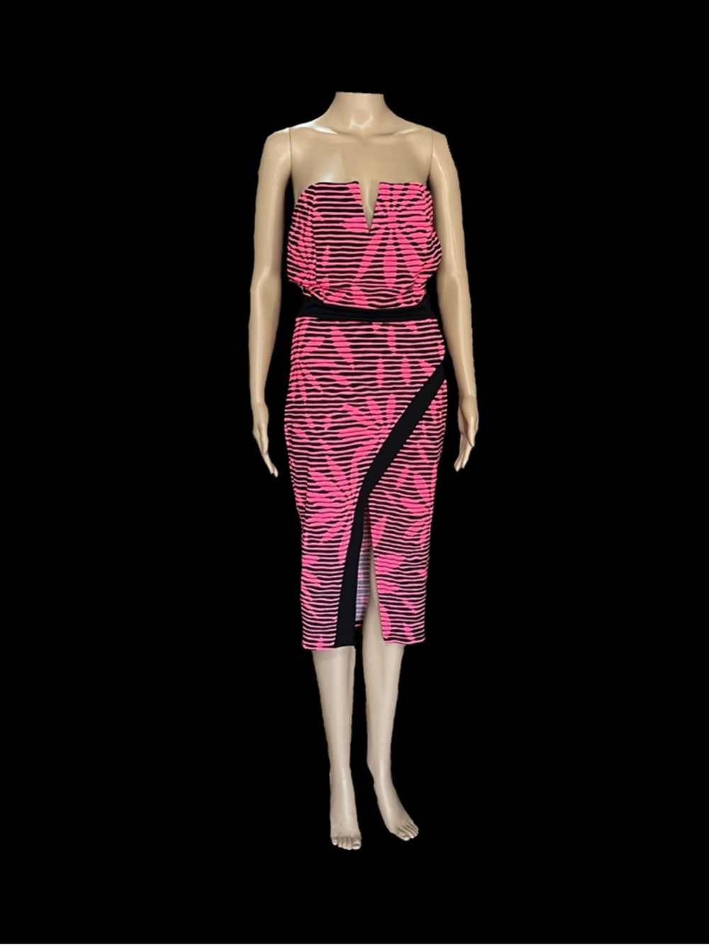 Strapless Pink and Black Midi Dress - Women
